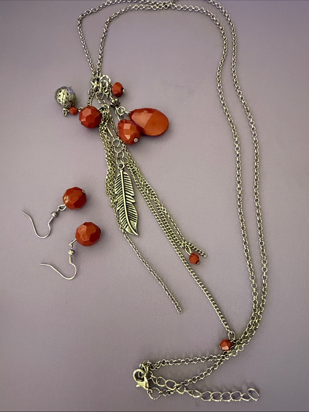 Silver-Tone Feather Pendant Necklace & Earrings Set in Burnt Orange